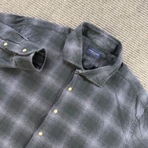Proper Cloth Mens 17.5 Grey Black Shadow Plaid Cotton Flannel Snap Front Shirt